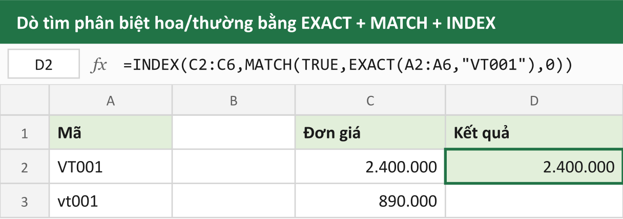 Dò tìm phân biệt hoa/thường bằng EXACT + MATCH + INDEX