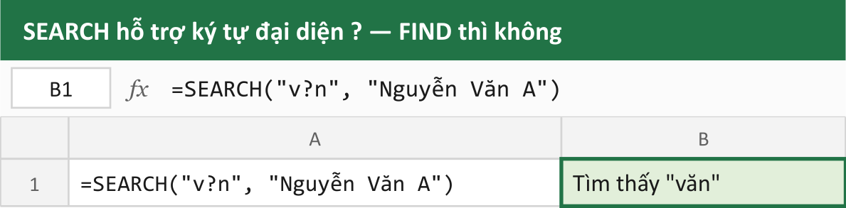 SEARCH hỗ trợ ký tự đại diện ? — FIND thì không