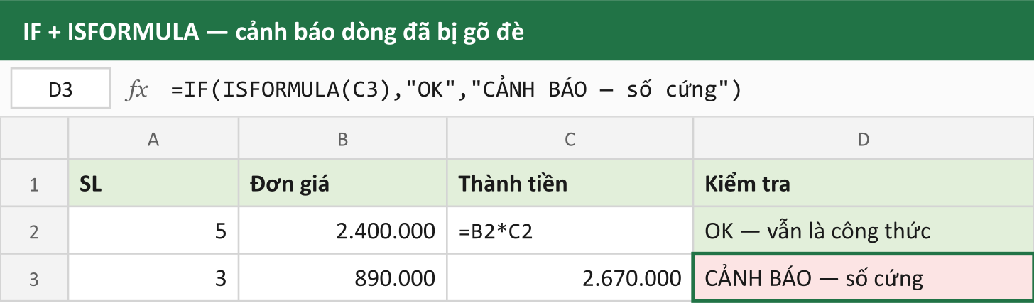 IF + ISFORMULA — cảnh báo dòng đã bị gõ đè