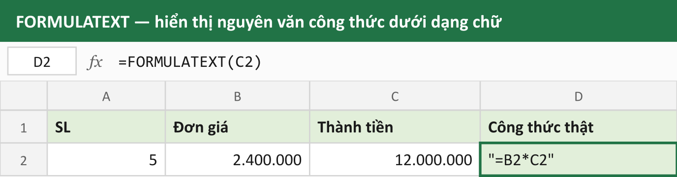 FORMULATEXT — hiển thị nguyên văn công thức dưới dạng chữ