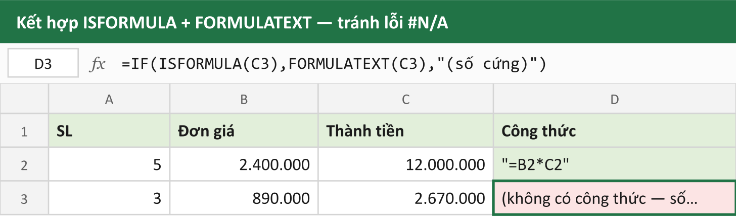 Kết hợp ISFORMULA + FORMULATEXT — tránh lỗi #N/A