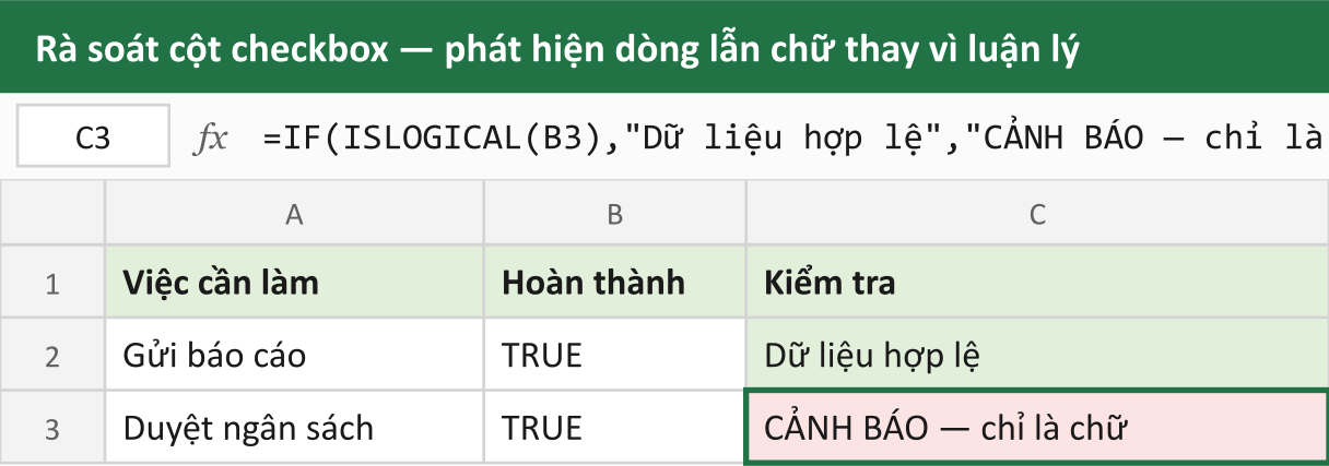 Rà soát cột checkbox — phát hiện dòng lẫn chữ thay vì luận lý