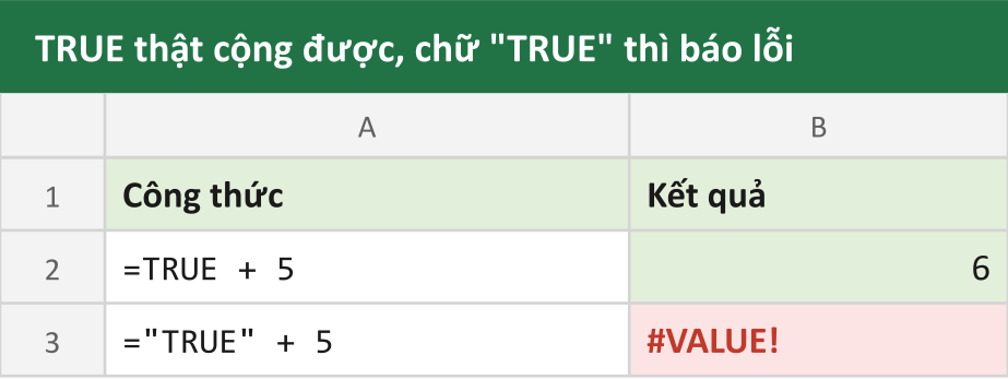 TRUE thật cộng được, chữ "TRUE" thì báo lỗi