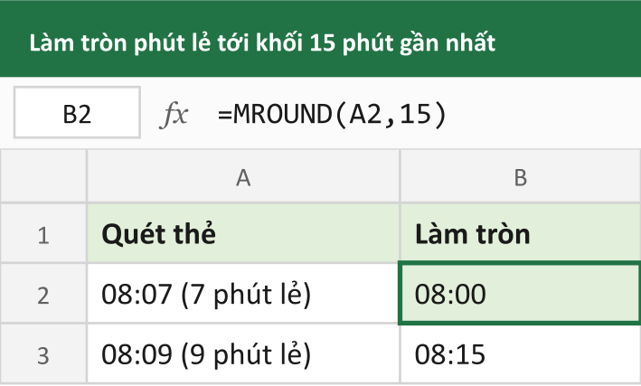 Làm tròn phút lẻ tới khối 15 phút gần nhất