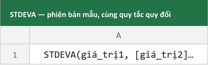 STDEVA — phiên bản mẫu, cùng quy tắc quy đổi
