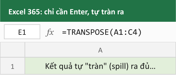 Excel 365: chỉ cần Enter, tự tràn ra