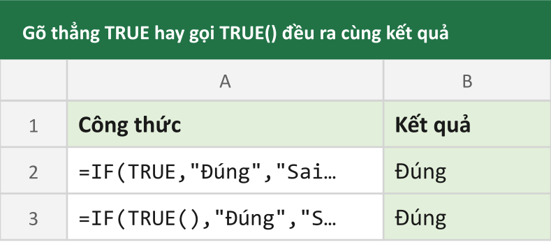 Gõ thẳng TRUE hay gọi TRUE() đều ra cùng kết quả
