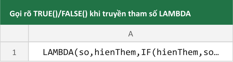 Gọi rõ TRUE()/FALSE() khi truyền tham số LAMBDA