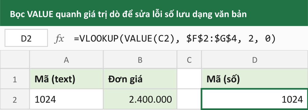 Bọc VALUE quanh giá trị dò để sửa lỗi số lưu dạng văn bản