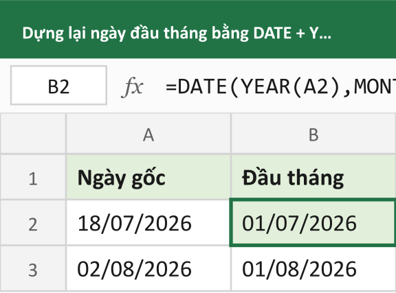 Dựng lại ngày đầu tháng bằng DATE + YEAR + MONTH