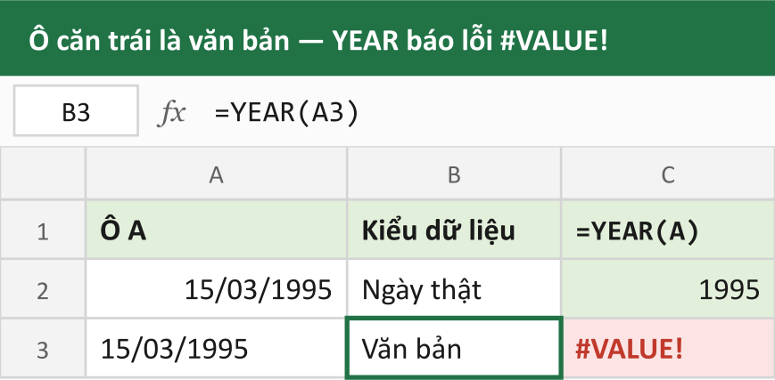 Ô căn trái là văn bản — YEAR báo lỗi #VALUE!