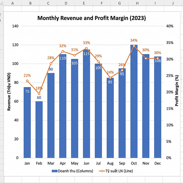 Ví dụ Combo Chart: Doanh thu (cột) + Tỷ suất lợi nhuận (đường)